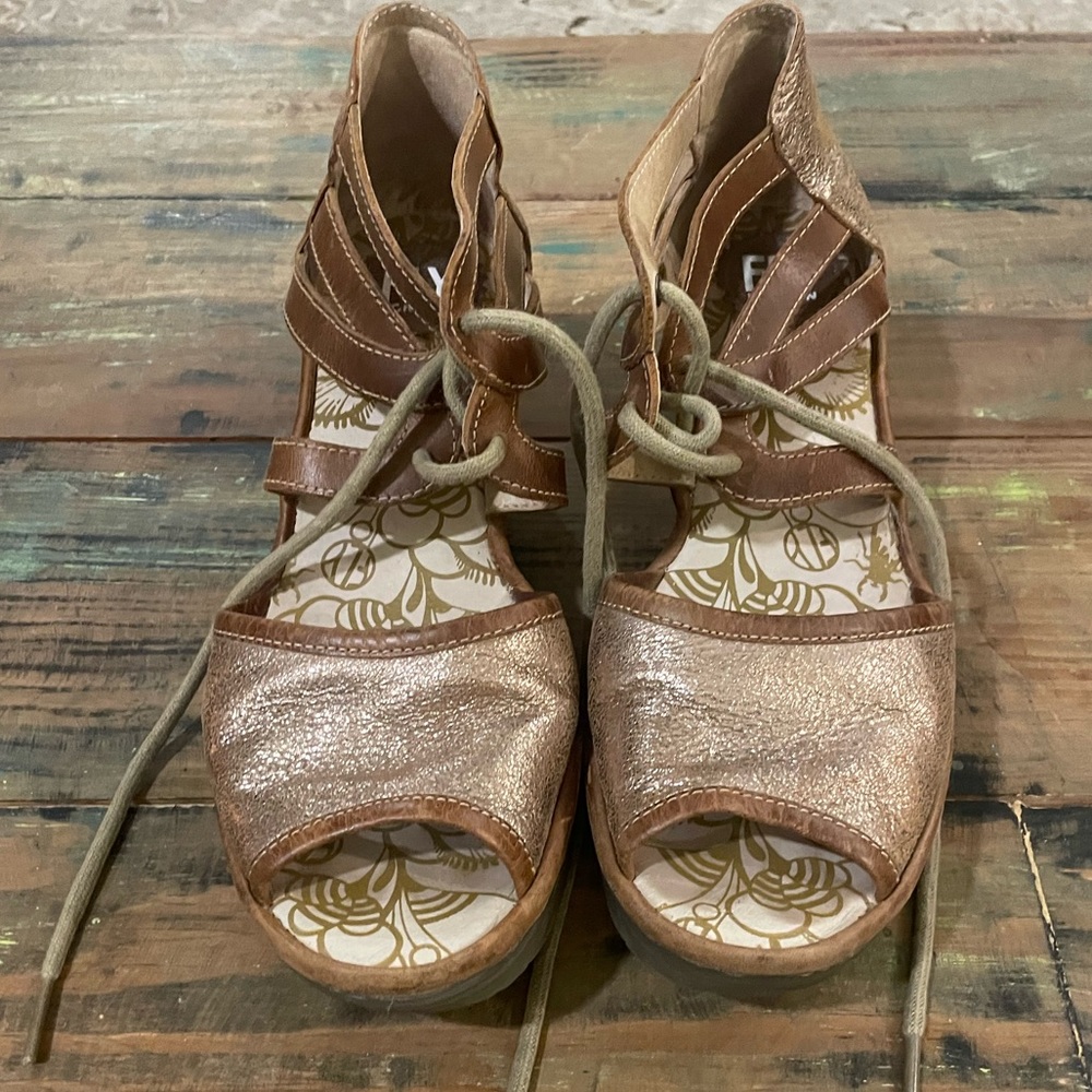 Fly London Gold & Brown Lace Up Wedge Sandals Size 39